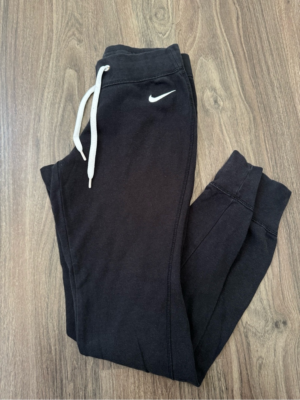 Nike Black Jogger Pants with White Swoosh and Drawstring